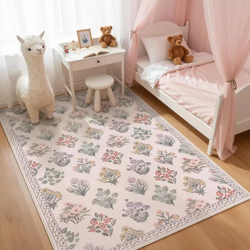 Wonnitar Alfombras rosas para dormitorio, niñas, guardería, alfombra lavable con estampado floral de 5 x 7 pies, bohemio, ultrafina, antideslizante,