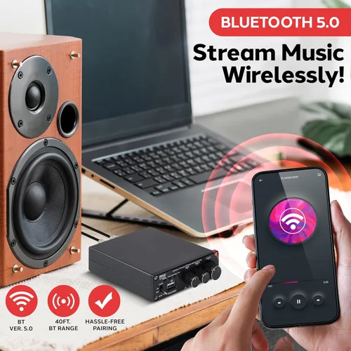 Miniatura 2 de Pyle Amplificador de potencia estéreo inalámbrico de 2.1 canales - Mini amplificador Bluetooth de 200 W con reproductor USB, entrada RCA, salida