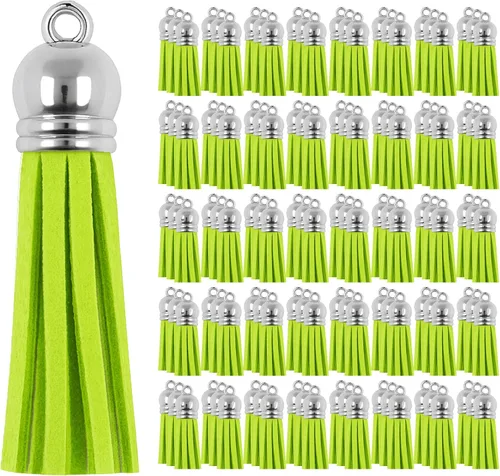 Miniatura 104 de Mandala Crafts 100 borlas de gamuza sintética color aguamarina con tapa dorada, suministros para hacer llaveros a granel, pequeñas borlas de cuero
