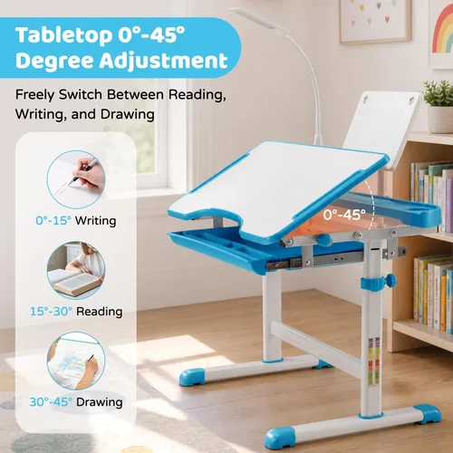 Miniatura 7 de Diroan Juego de Escritorio y Silla Funcional para Niños, Escritorio de Estudio Escolar Ergonómico de Altura Ajustable para Niños con Superficie