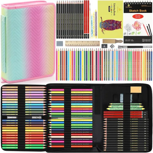 Kit de dibujo de 78 piezas, suministros de arte con cuaderno de bocetos de 3 colores, estuche portátil colorido, grafito, carbón, acuarela, lápiz