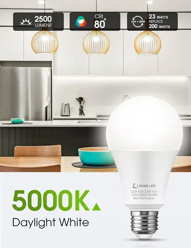 Miniatura 3 de LOHAS Bombilla LED Blanca Super Brillante, A21 23W (equivalente a 150-200 vatios), 2500 Lúmenes Altos, 5000K Blanco Luz de Día, bombillas de garaje
