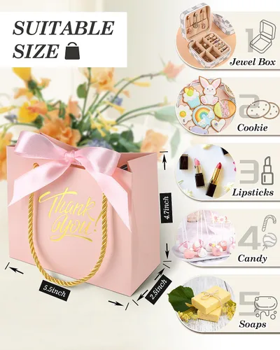 Miniatura 2 de EQOREIIN 30 bolsas de regalo de agradecimiento pequeñas con asas 5.5 x 2.4 x 4.7 pulgadas Mini bolsas de regalo rosas con lazo de cinta Bolsas
