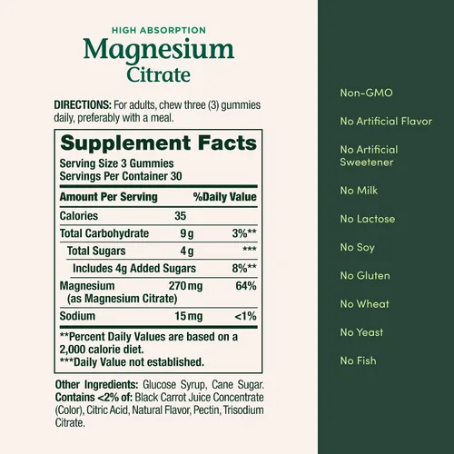 Miniatura 7 de Nature's Bounty Gomitas de Citrato de Magnesio para Adultos, Apoya la Salud General, Huesos, Nervios, Músculos y Salud del Corazón, 270mg por