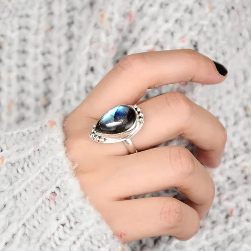 Miniatura 6 de Boho-Magic Anillo de plata de ley con labradorita para mujer, joyería bohemia con piedras preciosas en forma de lágrima