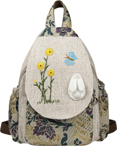 Miniatura 123 de HUANGGUOSHU Mochila de algodón tejida de algodón bohemio con bordado de lona estilo bohemio con múltiples bolsillos retro linda mochila cartera