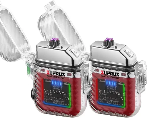 Miniatura 15 de SUPRUS Luminoso 3 modos de linterna resistente al viento, impermeable, encendedor eléctrico recargable de plasma de doble arco con silbato de Naranja