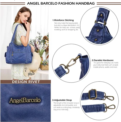 Miniatura 70 de Angel Barcelo - Bolsa de hombro amplia para mujer, diseño Hobo, cuero lavado
