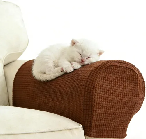 Miniatura 6 de Paquete de 2 fundas de sofá color amarillo cálido, protectores de arañazos de gatos navideños para muebles beige, fundas elásticas antideslizantes