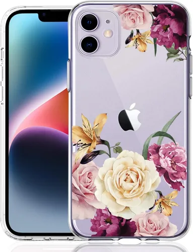Miniatura 10 de Compatible con iPhone 11, funda transparente con flores florales a prueba de golpes, parte trasera dura, delgada, bonita funda transparente