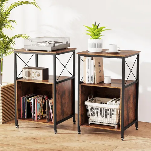 Miniatura 3 de LOKO Soporte rodante para tocadiscos de 3 niveles, soporte giratorio móvil con toma de corriente, estante abierto y divisores, marco de metal, mesa