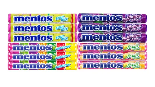 Rollo de caramelo de grageas de menta masticable, paquete de 4 tipos de sabor colorido afrutado, total de 12 rollos de frutas crujientes que no se