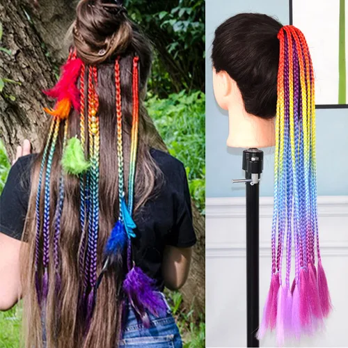 Miniatura 7 de Extensiones de cabello con trenzas de colores con bandas de goma, extensiones sintéticas trenzadas arco iris, accesorios para el cabello de cola
