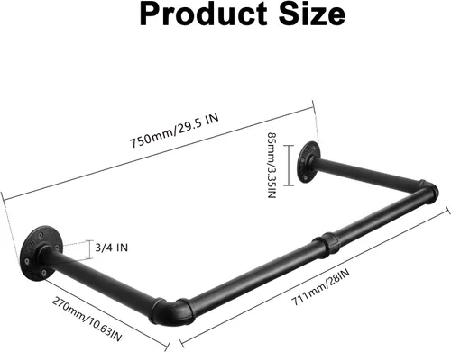 Miniatura 3 de Barra industrial de hierro para colgar ropa, para montar en la pared, perchero resistente para dormitorio, cuarto de lavado, almacenamiento de Negro