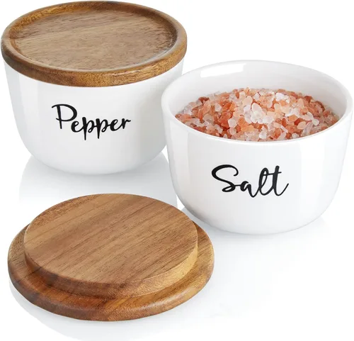 DAYYET Cuencos de sal y pimienta, bodega de sal de 10 onzas con tapa, recipiente de cerámica apilado para sal y pimienta con tapa de madera de Blanco