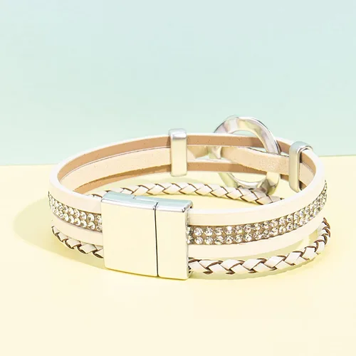 Miniatura 5 de FANCY SHINY Pulsera de cuero con diamantes de imitación circular, apilable, multicapa, con cierre, joyería bohemia, regalo para mujer