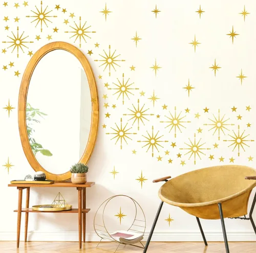 Miniatura 3 de Calcomanías de pared con estrella dorada, diseño retro de explosión de estrellas, calcomanías para dormitorio, sala de estar, decoración de techo