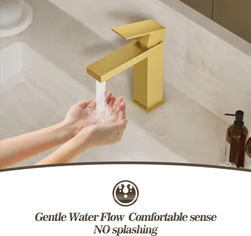 Miniatura 3 de Phiestina Grifo de tocador de baño de una sola manija cuadrada de oro cepillado con drenaje desplegable de metal con placa de cubierta, línea
