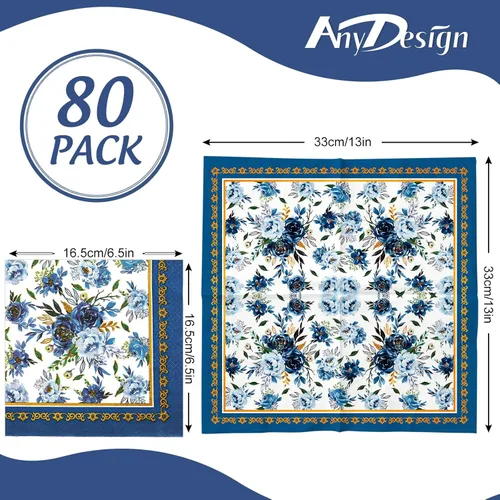 Miniatura 2 de AnyDesign Paquete de 80 servilletas de papel florales de color azul marino con flores azules y blancas, servilletas desechables para almuerzo, marco