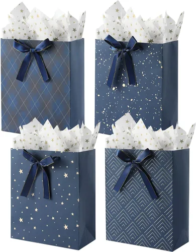 KomoLeay Paquete de 4 bolsas de regalo de tamaño mediano de 9 pulgadas, bolsas de regalo azules de alta calidad con papel de seda para cumpleaños,