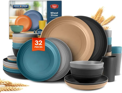 Miniatura 23 de Teivio - Juego de vajilla de paja de trigo de 32 piezas para cocina, juego de platos de plástico irrompible, servicio para 8, juego moderno de Negro