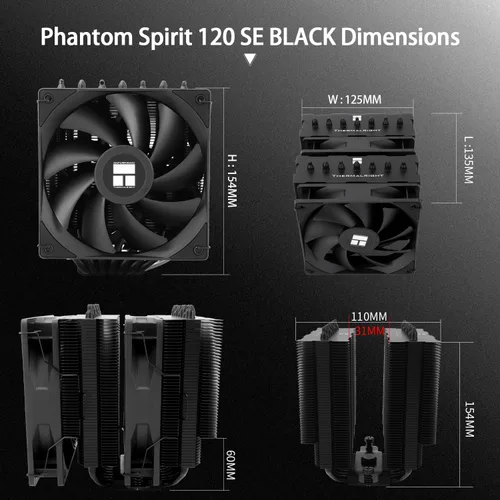 Miniatura 6 de Thermalright Phantom Spirit 120 SE - Enfriador de CPU negro, ventiladores duales TL-C12B V2 PWM y torres dobles, enfriador de disipador de calor
