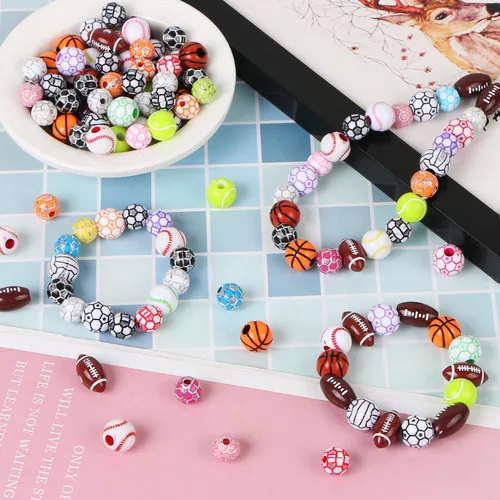 Miniatura 6 de EVERMARKET 400 cuentas de bolas deportivas para hacer joyas, cuentas deportivas acrílicas a granel, béisbol, baloncesto, fútbol, voleibol, sóftbol