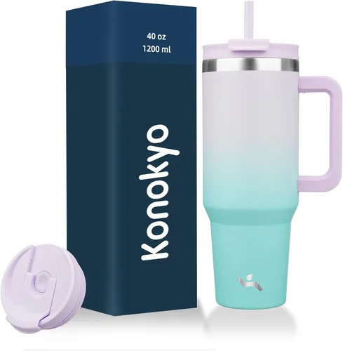 Miniatura 14 de Konokyo - Vaso de 40 onzas con asa y 2 pajillas, botella de agua aislada 2 en 1 con tapa. Taza de viaje de acero inoxidable para café, flores