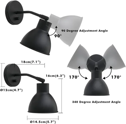 Miniatura 2 de Yosoan - Aplique de pared de lectura de 1 luz negro con interruptor de encendido y apagado Latón vintage industrial con ángulo de 340 grados