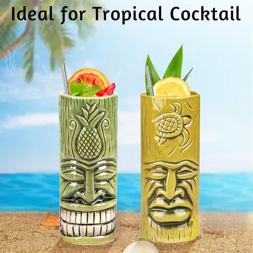 Miniatura 3 de SuproBarware Tiki - Juego de 2 tazas de cerámica para fiestas con pajitas, juego de tazas creativas grandes hawaianas grandes para bar