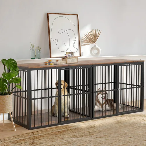 Miniatura 16 de Lyromix 94.48'' Mueble de jaula para perros de raza grande con soporte para TV de dos habitaciones, mesa auxiliar de jaula para perros de madera