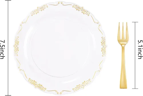 Miniatura 2 de LIYH 200 Piezas Platos de Postre de Plástico Transparente Dorado 7.5" y Tenedores para Pastel 5" - Platos de Plástico Pequeños Transparentes