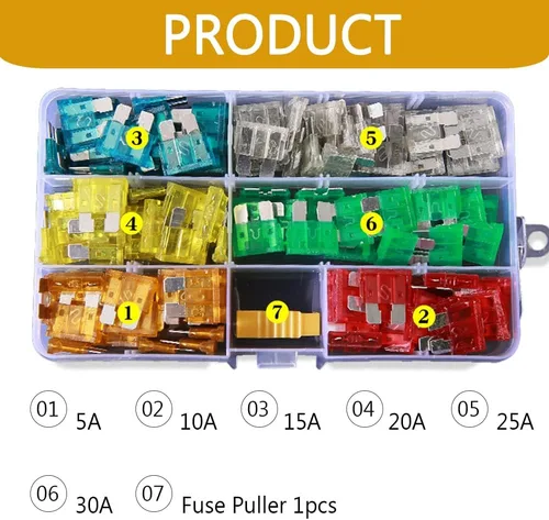 Miniatura 2 de 120 piezas de kit de surtido de fusibles estándar 5A 10A 15A 20A 25A 30A de tamaño mediano con inserción de colores para automóvil, barco, camión