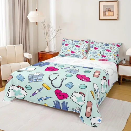 Miniatura 27 de Erosebridal Nurse Sheet Set Stethoscope Twin Sheets Set for Teen Boys,Colorful Medical Healthcare Heartbeat Syringe Fitted Sheet