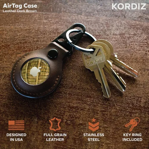 Miniatura 3 de KORDIZ Funda de cuero con cierre y llavero para Airtag Cuero de caballo loco de grano completo Hecho a mano Marrón oscuro