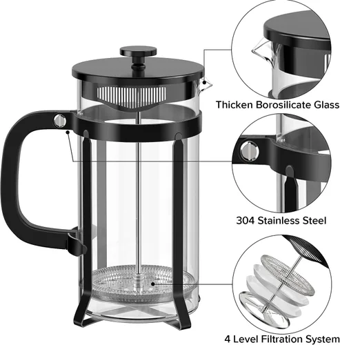 Miniatura 7 de QUQIYSO Cafetera de prensa francesa de acero inoxidable 304 con 4 filtros, resistente al calor, duradera, fácil de limpiar, prensa de café de vidrio