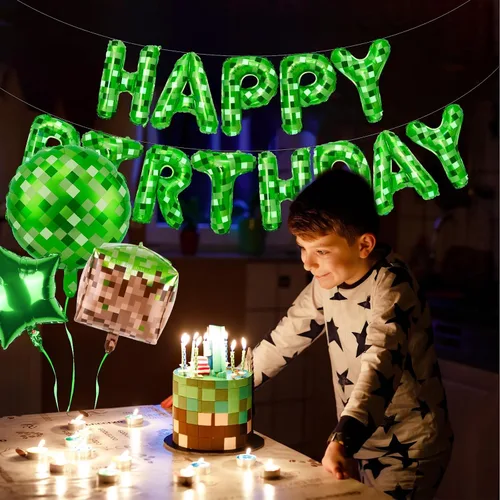 Miniatura 6 de Juego de decoraciones de fiesta de feliz cumpleaños con temática de píxeles verdes, con globos de píxeles, esenciales para fiestas temáticas