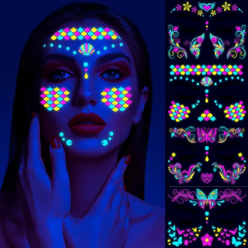 Miniatura 5 de Tatuajes temporales que brillan en la oscuridad, tatuajes temporales falsos para la cara, maquillaje UV, neón, mariposa, floral, tatuajes