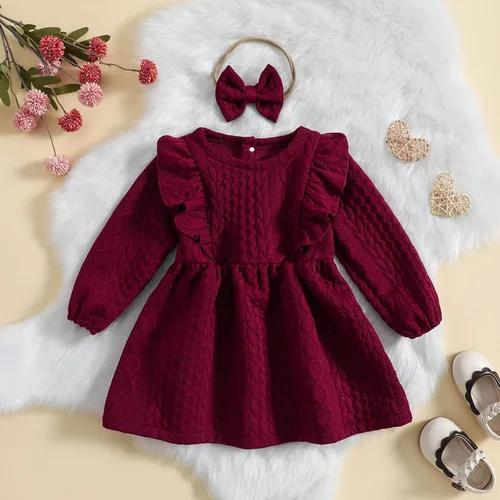 Miniatura 2 de Vestido de punto para niña, vestido de suéter de manga larga, vestido de otoño e invierno con corbatín