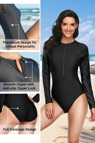 Miniatura 3 de Daci - Traje de baño de una pieza,camiseta de protección para mujer de manga larga, con cremallera y factor de protección solar 50 ideal