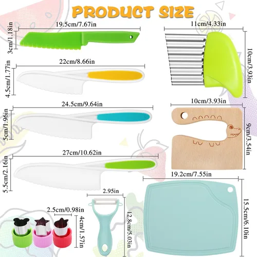 Miniatura 2 de Juego de cuchillos para niños, juego de cuchillos seguros para niños pequeños, cuchillos seguros para cocina real, bordes dentados, utensilios
