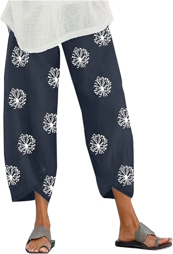 Miniatura 28 de Pantalones Capri de Lino de Algodón para Mujer 2025, Pantalones Palazzo Recortados Casuales con Estampado, Cintura Elástica, Pantalones Holgados