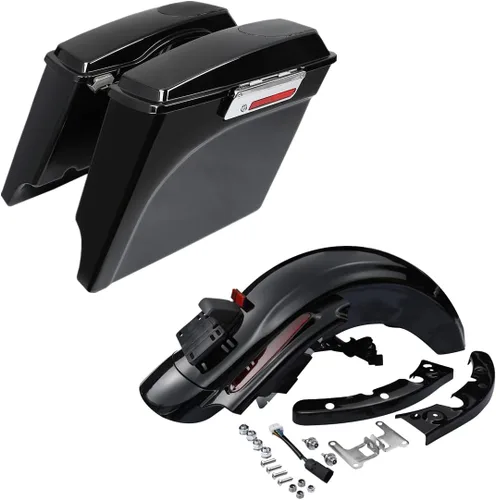 TCT-MOTORPARTS Alforjas alargadas de 5 pulgadas con tapas de altavoces de 5x7" y sistema de guardabarros trasero LED para Harley Touring Street Road