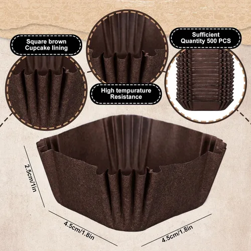 Miniatura 2 de Whaline 500 piezas de forros cuadrados marrones para cupcakes, desechables, brownie, tazas para hornear, color café, envoltorios para cupcakes