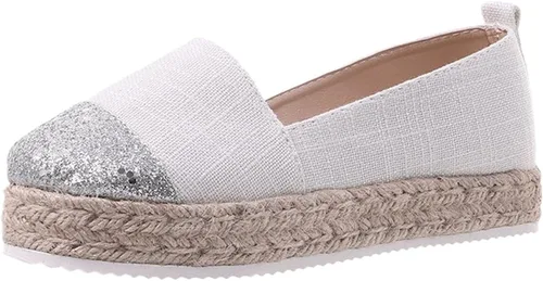 Miniatura 8 de Hbeylia Alpargatas de plataforma para mujer, transpirables, de algodón y lino, con purpurina, con lentejuelas, puntera cerrada, zapatos de tacón