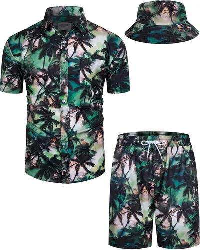 Miniatura 101 de TUNEVUSE Conjunto de camisas y pantalones cortos hawaianos para hombre, 2 piezas, trajes de playa con estampado de flores, traje tropical de verano