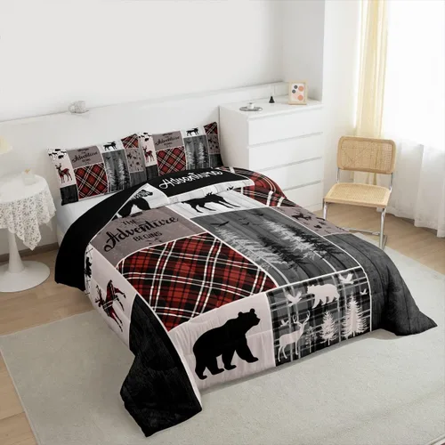 Miniatura 225 de Juego de edredón de oso y ciervo, tamaño individual, ropa de cama de animales salvajes de caza, colcha rústica de cabaña, casa de campo, cuadros
