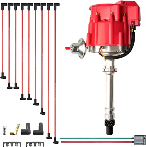 Miniatura 3 de MAS Racing HEI Distribuidor y cables de bujía y mazo de cables de coleta gratis, kit combinado de tapa roja de repuesto para Chevy 283 302 307 327