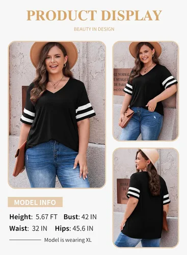 Miniatura 61 de Eytino Blusas de talla grande para mujer, cuello en V, manga corta, a rayas, casual, holgada, con bolsillo (1X-5X)