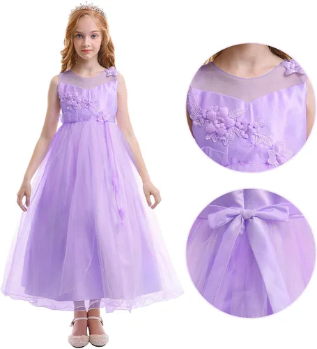Miniatura 6 de Vestido maxi de tul para niñas con tutú y flores de encaje, largo hasta el piso, para boda, dama de honor, fiestas